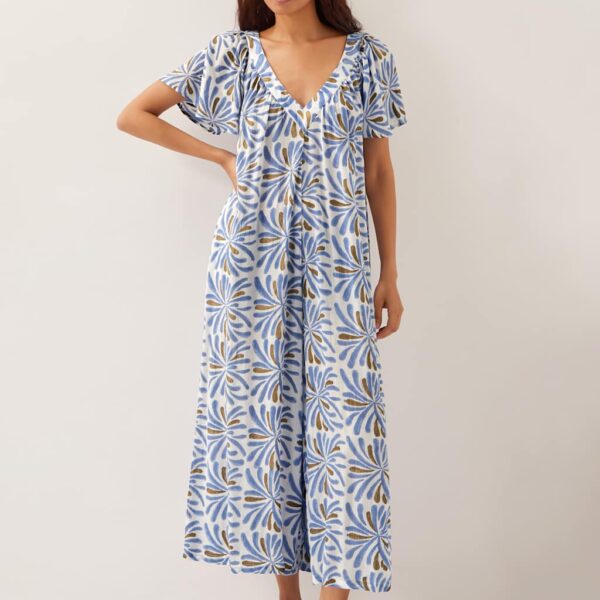 Monsoon Women's Printed V-Neck Wide Leg Jumpsuit - Blue, Blue