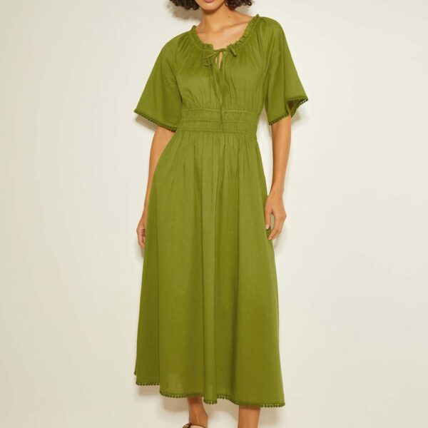 Monsoon Women's Pure Cotton Shirred Midi Skater Dress - XL - Green, Green