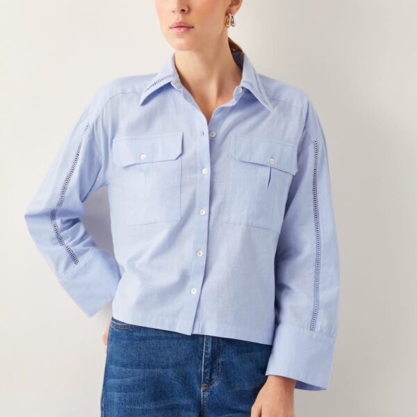 Monsoon Women's Pure Cotton Broderie Button Through Shirt - M - Blue, Blue