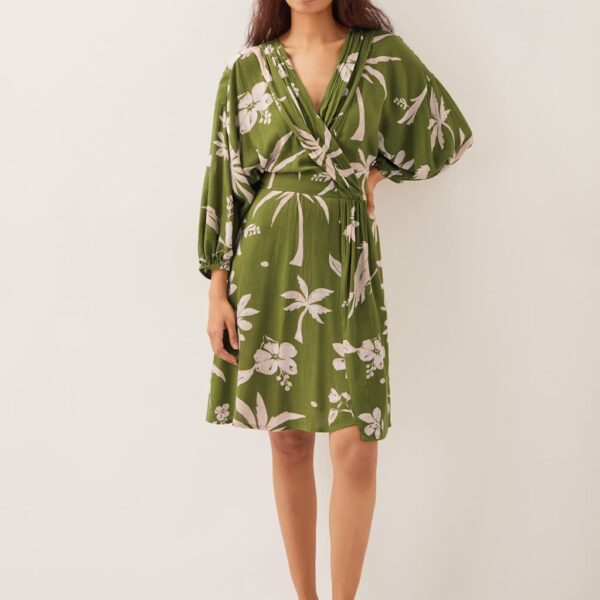 Monsoon Women's Printed V-Neck Knee Length Waisted Beach Dress - XL - Green, Green