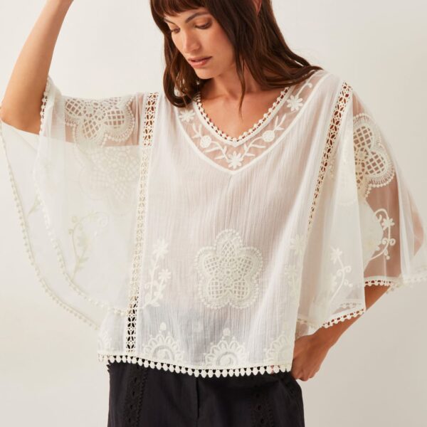 Monsoon Women's Pure Cotton Embellished Angel Sleeve Top - White, White