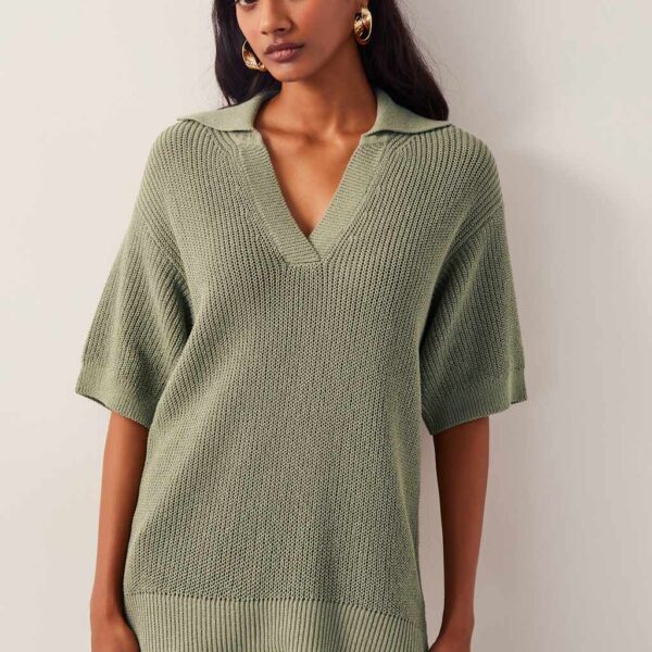 Monsoon Women's Cotton Rich Collared Knitted Top - Khaki, Khaki
