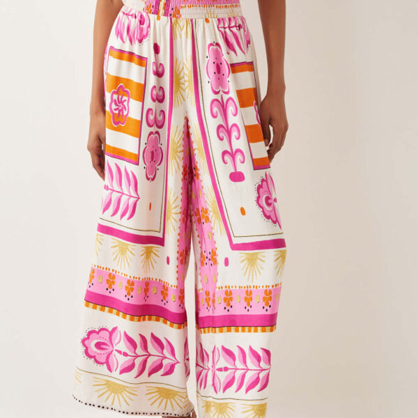 Monsoon Women's Printed Elasticated Waist Wide Leg Trousers - Pink Mix, Pink Mix