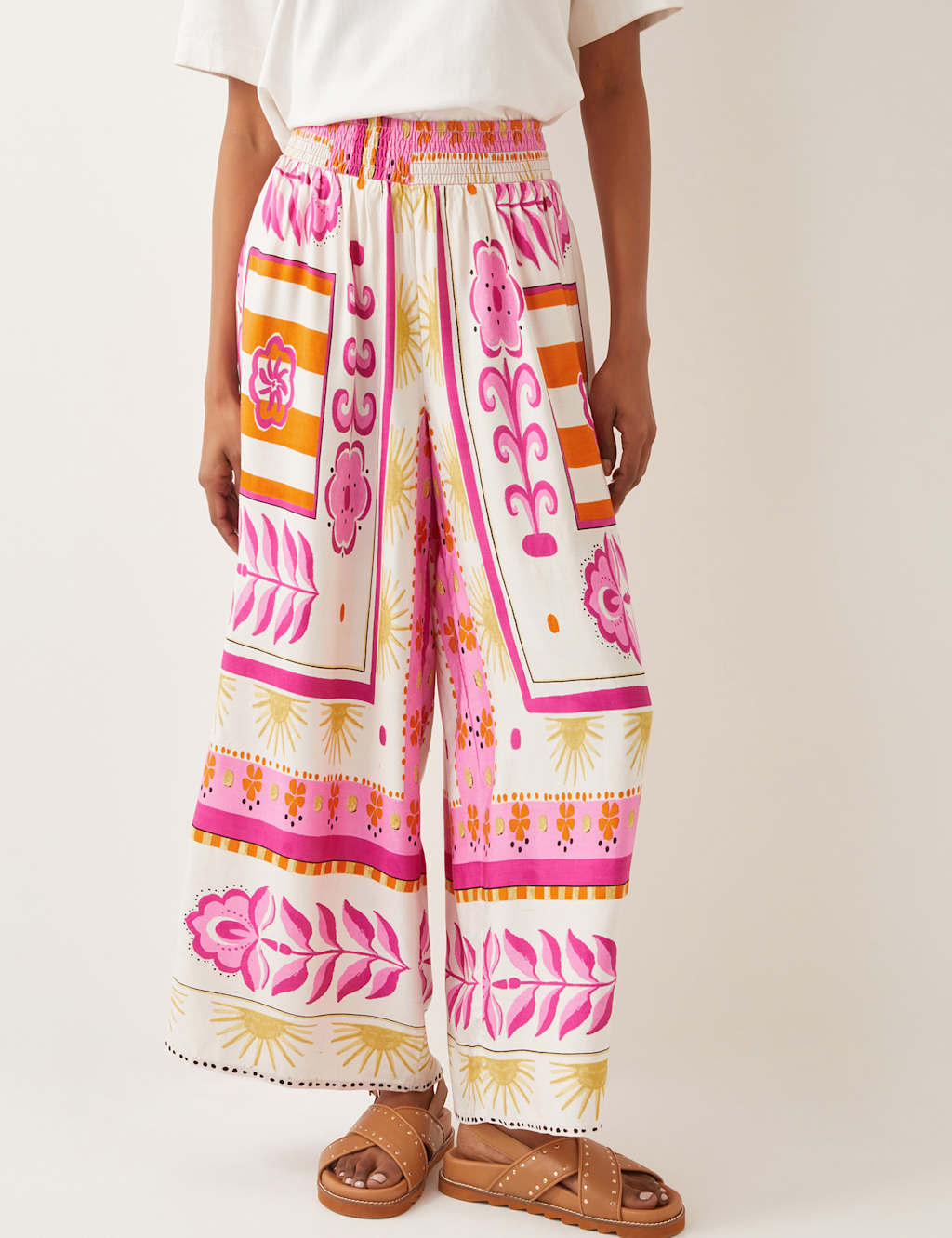 Monsoon Women's Printed Elasticated Waist Wide Leg Trousers - Pink Mix, Pink Mix
