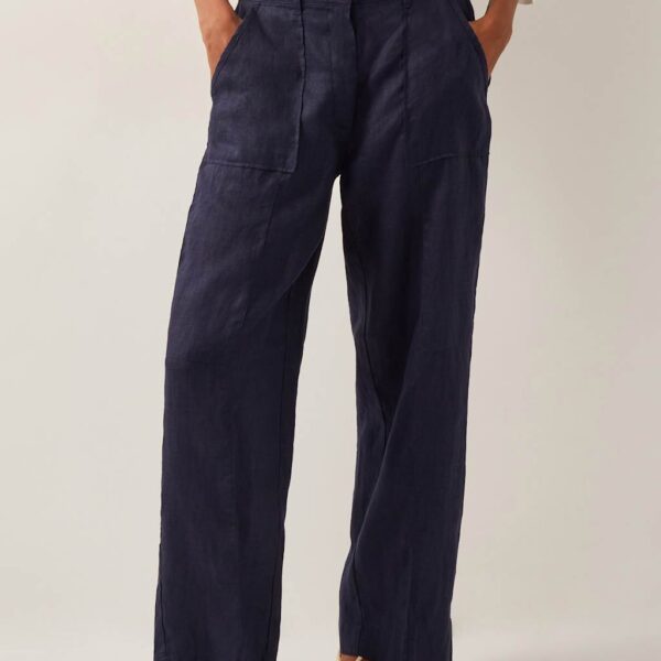 Monsoon Women's Pure Linen Straight Leg Cropped Trousers - M - Navy, Navy