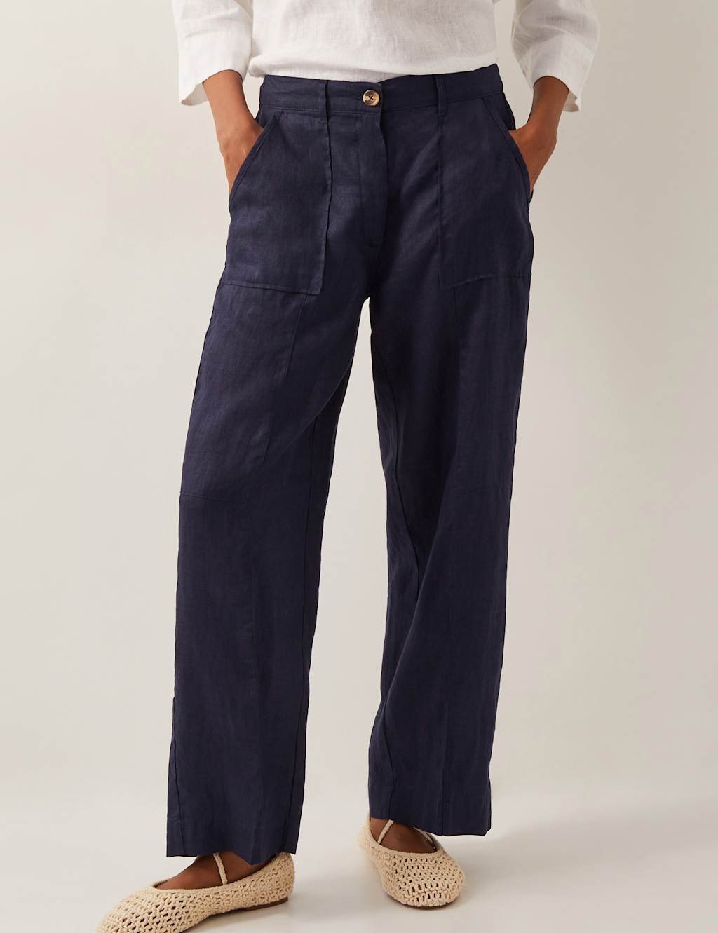 Monsoon Women's Pure Linen Straight Leg Cropped Trousers - M - Navy, Navy