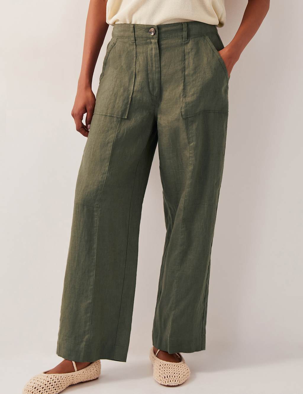 Monsoon Women's Pure Linen Straight Leg Cropped Trousers - Khaki, Khaki