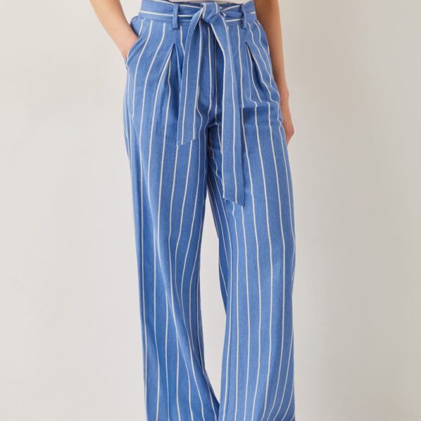 Monsoon Women's Linen Blend Striped Straight Leg Trousers - Blue Mix, Blue Mix
