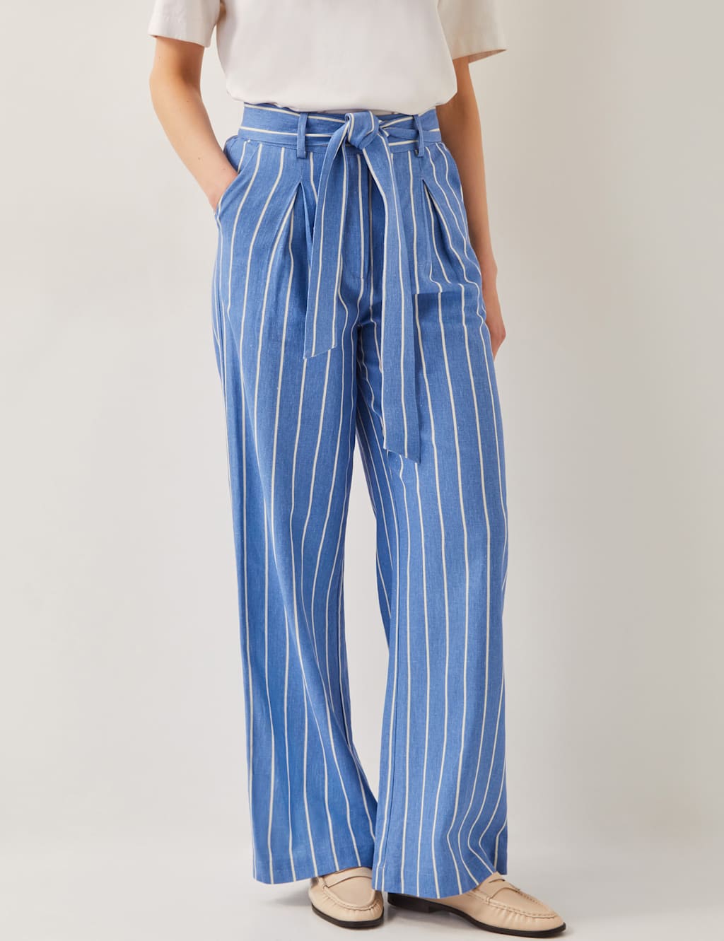 Monsoon Women's Linen Blend Striped Straight Leg Trousers - Blue Mix, Blue Mix