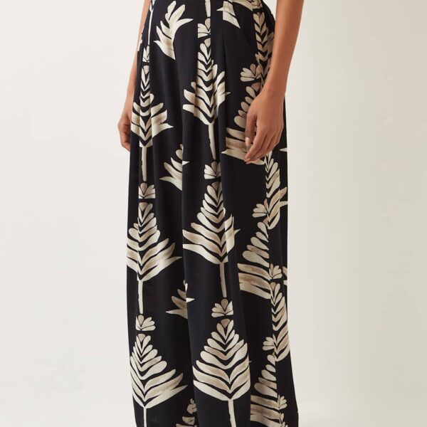Monsoon Women's Leaf Print Wide Leg Trousers with Linen - Black Mix, Black Mix