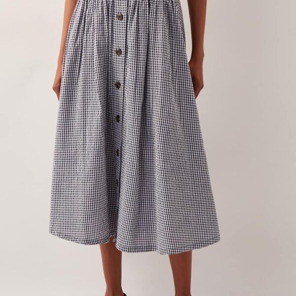 Monsoon Women's Pure Cotton Gingham Button Through Midi Skirt - Navy Mix, Navy Mix