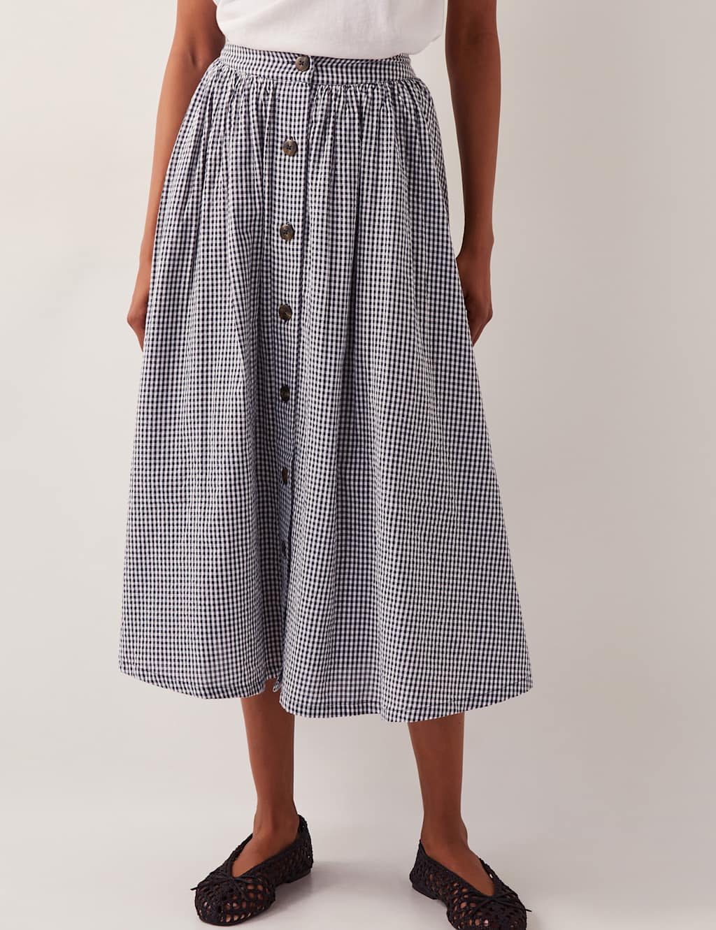 Monsoon Women's Pure Cotton Gingham Button Through Midi Skirt - Navy Mix, Navy Mix