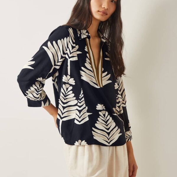 Monsoon Women's Leaf Print Top With Linen - XXL - Black Mix, Black Mix