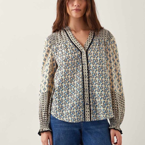 Monsoon Women's Printed V-Neck Blouson Sleeve Blouse - XXL - Ivory Mix, Ivory Mix