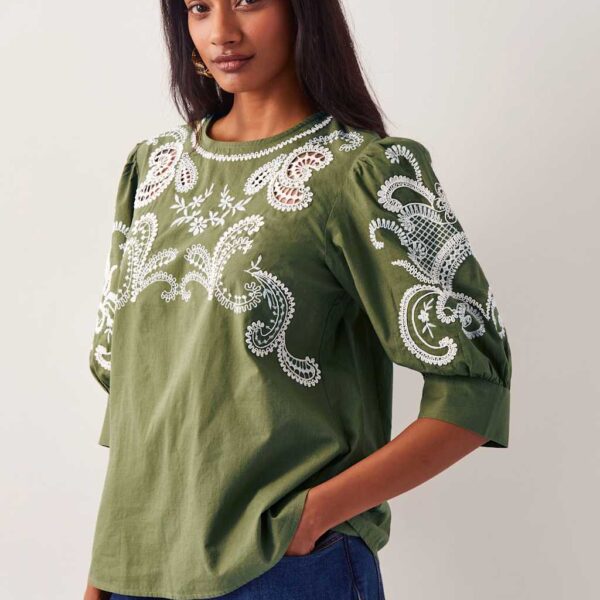 Monsoon Women's Pure Cotton Embellished Puff Sleeve Top - 14 - Khaki Mix, Khaki Mix