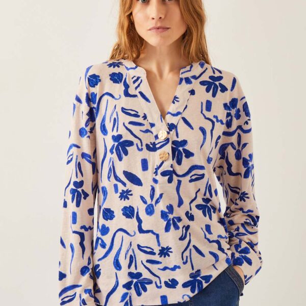 Monsoon Women's Linen Rich Floral V-Neck Blouse - Ivory Mix, Ivory Mix