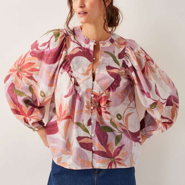 Monsoon Women's Floral Bib Front Blouson Sleeve Blouse - M - Orange Mix, Orange Mix