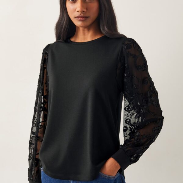 Monsoon Women's Sheer Lace Blouson Sleeve Top - Black, Black