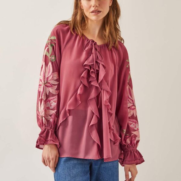 Monsoon Women's Embroidered Tie Neck Blouse - Pink Mix, Pink Mix