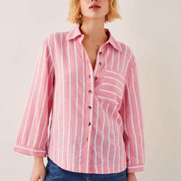 Monsoon Women's Linen Blend Striped Collared Shirt - M - Pink Mix, Pink Mix