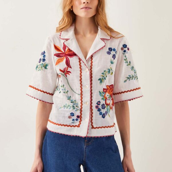 Monsoon Women's Pure Cotton Embellished Button Through Shirt - White Mix, White Mix