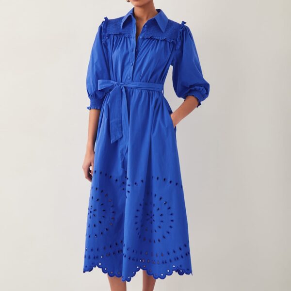 Monsoon Women's Pure Cotton Broderie Midi Skater Dress - 22 - Blue Mix, Blue Mix
