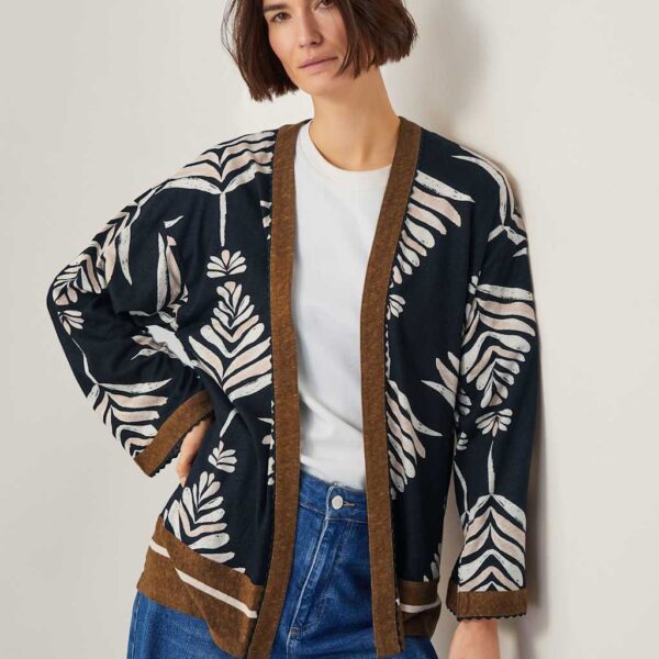 Monsoon Women's Linen Rich Leaf Print Kimono - S - Black Mix, Black Mix