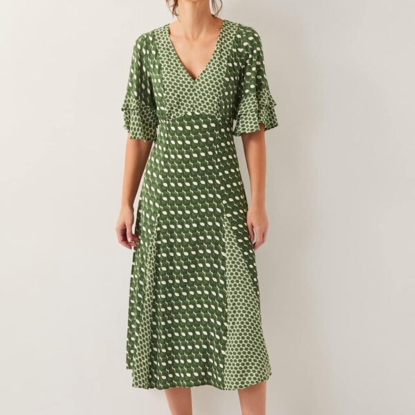 Monsoon Women's Geometric V-Neck Frill Sleeve Midi Tea Dress - 20 - Khaki Mix, Khaki Mix