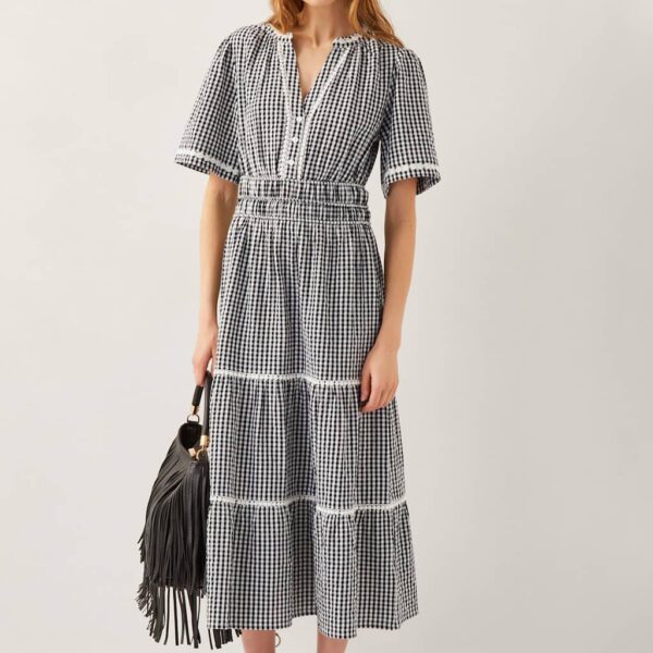 Monsoon Women's Pure Cotton Gingham Midi Tiered Dress - L - Black Mix, Black Mix