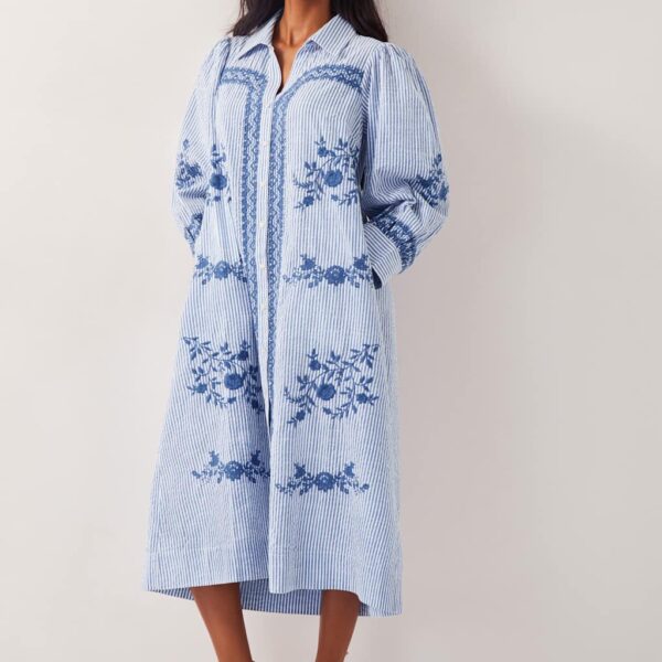 Monsoon Women's Pure Cotton Embroidered Midaxi Shirt Dress - Blue Mix, Blue Mix
