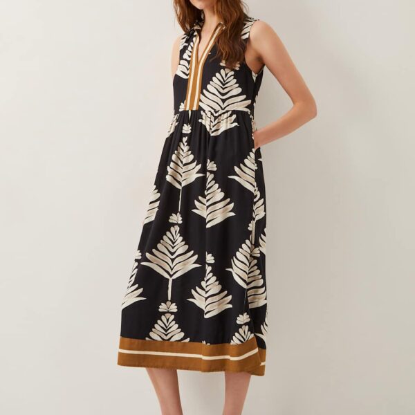 Monsoon Women's Leaf Print Collared V-Neck Midi Beach Dress With Linen - Black Mix, Black Mix