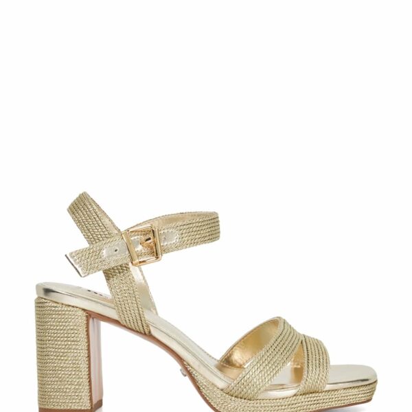 Dune London Women's Buckle Ankle Strap Block Heel Sandals - 6 - Gold, Gold