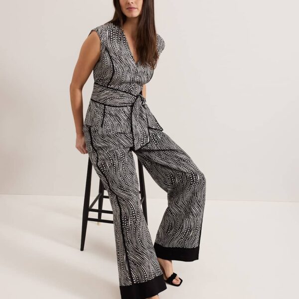 Phase Eight Women's Linen Rich Printed V-Neck Tie Detail Top - 14REG - Black Mix, Black Mix