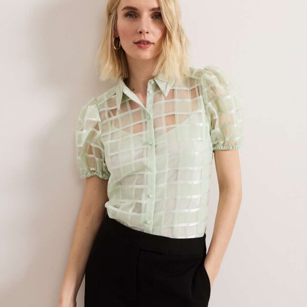 Phase Eight Women's Checked Puff Sleeve Blouse - 14 - Green, Green