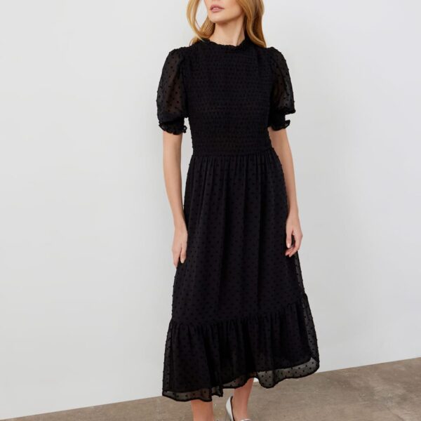 Finery London Women's Georgette Textured Shirred Midi Tea Dress - 18 - Black, Navy,Black