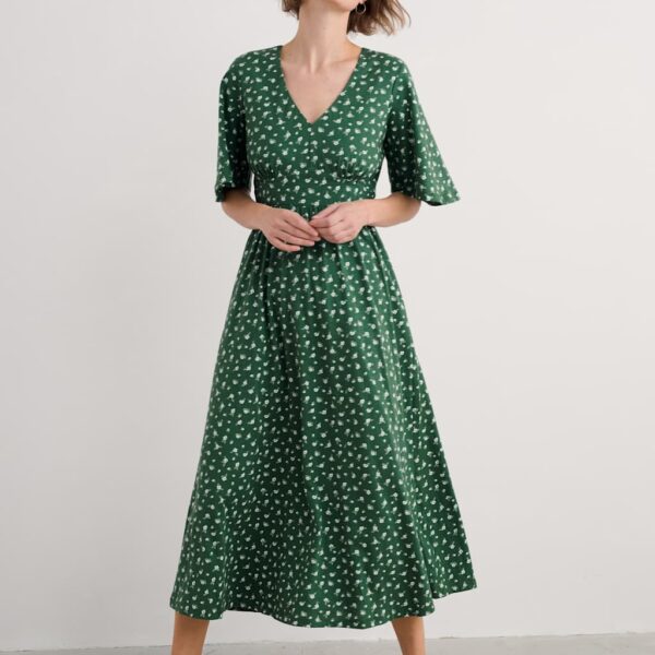 Seasalt Cornwall Women's Pure Cotton Floral V-Neck Midi Waisted Dress - 20REG - Green Mix, Green Mix