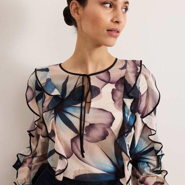 Phase Eight Women's Silk Blend Floral Tie Neck Blouse - 12 - Ivory Mix, Ivory Mix