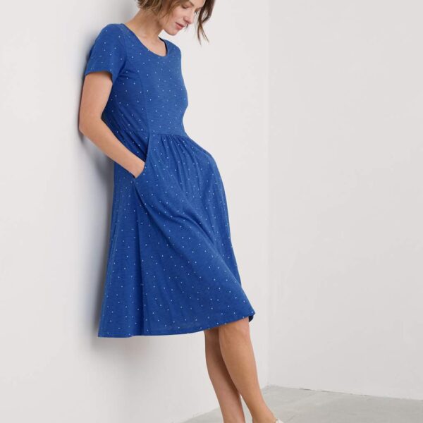 Seasalt Cornwall Women's Pure Cotton Jersey Printed Midi Skater Dress - 14REG - Blue Mix, Blue Mix