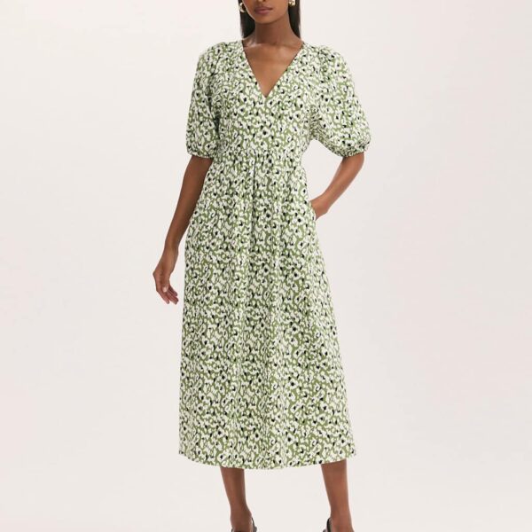 Finery London Women's Pure Cotton Animal Print Midi Waisted Dress - 16 - Green Mix, Navy Mix,Green Mix