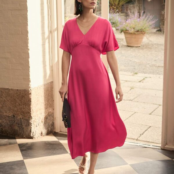 Seasalt Cornwall Women's V-Neck Empire Line Midaxi Waisted Dress - 14REG - Pink, Pink,Navy