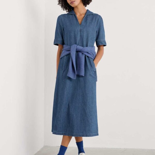 Seasalt Cornwall Women's Denim Collared Midi Waisted Dress with Linen - 14REG - Blue, Blue