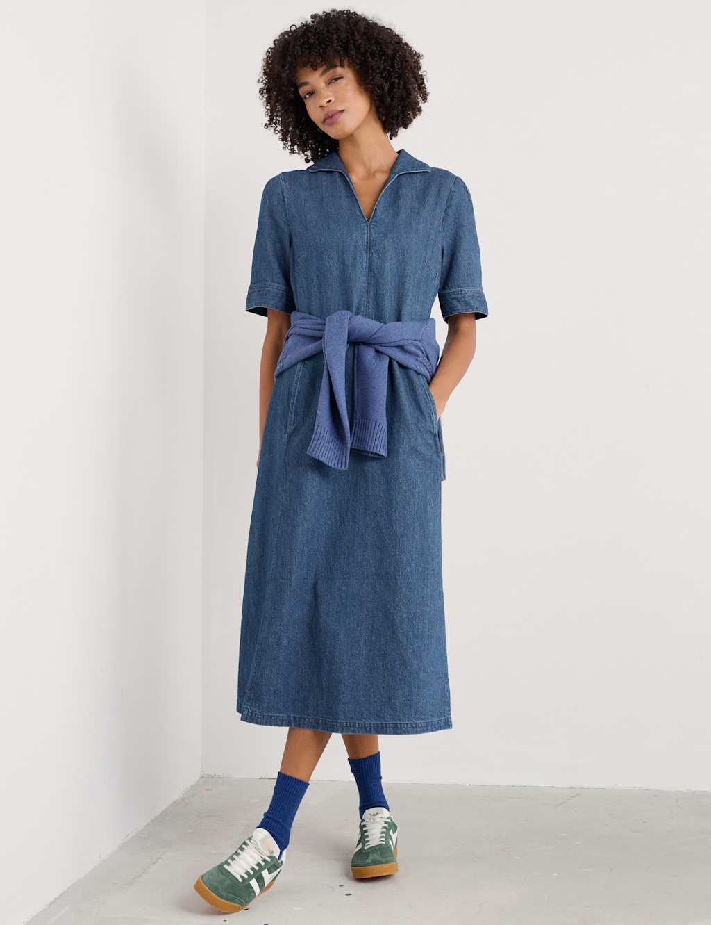 Seasalt Cornwall Women's Denim Collared Midi Waisted Dress with Linen - 14REG - Blue, Blue