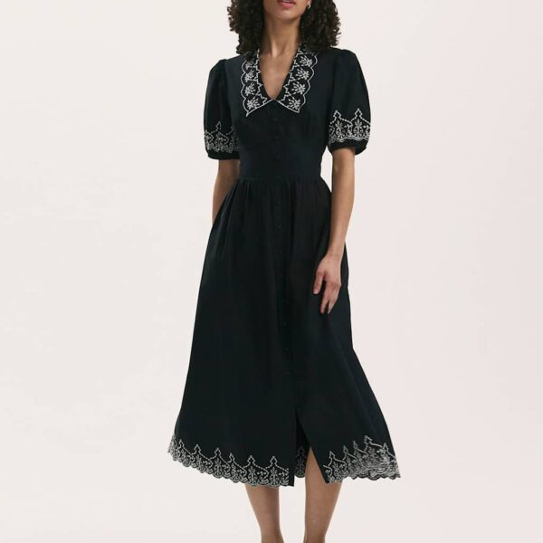 Finery London Women's Pure Cotton Collared Midi Shirt Dress - 14 - Black, Black,Navy,Light Green