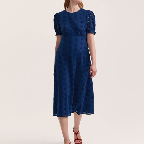 Finery London Women's Pure Cotton Embroidered Midi Tea Dress - 12 - Indigo, Indigo,Orange,Khaki,White