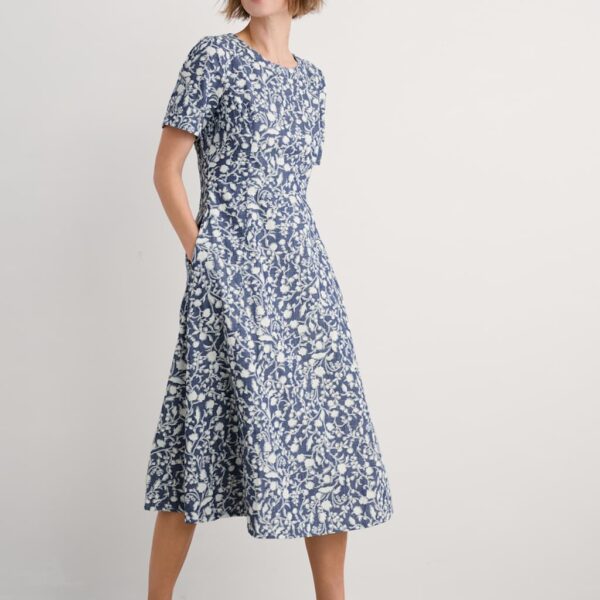 Seasalt Cornwall Women's Pure Cotton Floral Midi Fit & Flare Dress - 16REG - Blue Mix, Blue Mix