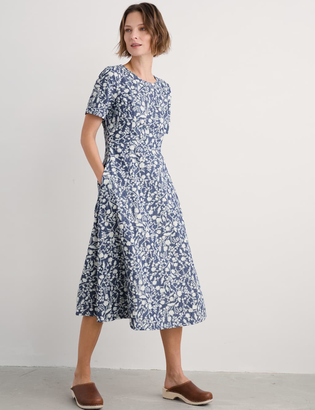 Seasalt Cornwall Women's Pure Cotton Floral Midi Fit & Flare Dress - 16REG - Blue Mix, Blue Mix