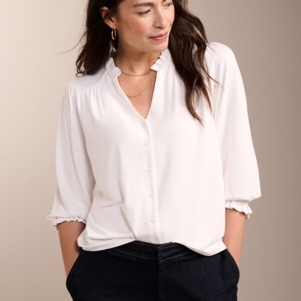 Baukjen Women's Notch Neck Frill Detail Relaxed Blouse - 16 - White, White