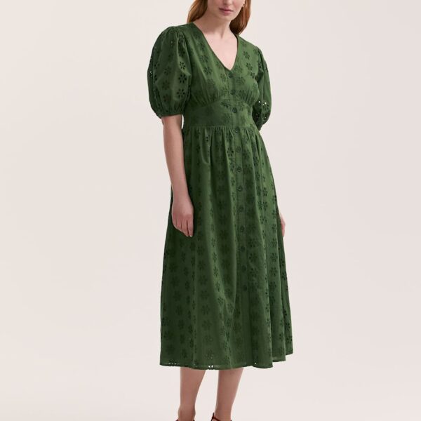 Finery London Women's Pure Cotton Broderie V-Neck Midi Dress - 14 - Khaki, Red,Light Green,Navy,Khaki