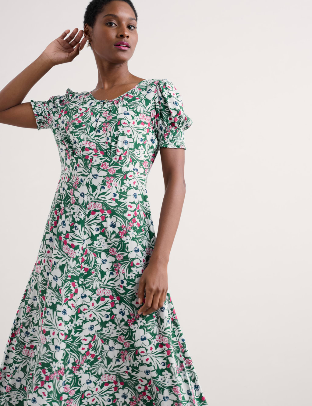 Seasalt Cornwall Women's Floral Scoop Neck Midaxi Waisted Dress - 16REG - Green Mix, Green Mix