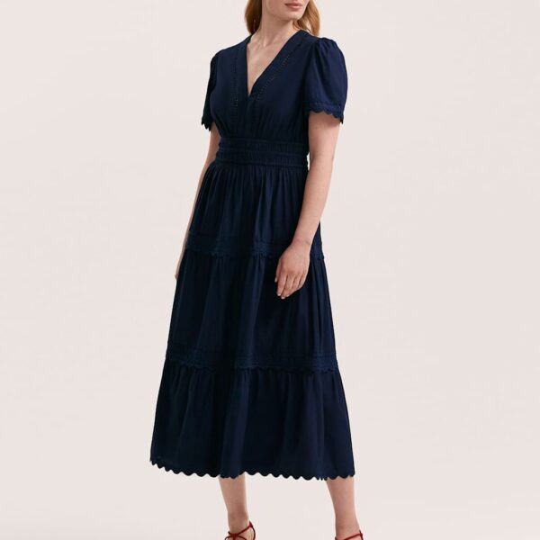 Finery London Women's Pure Cotton V-Neck Midi Tiered Dress - 12 - Navy, Dark Khaki,Navy,Red,White